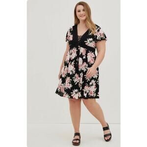 Torrid Women's Black Floral Mini Gauze Lace-Up Skater Semi Sheer Lace 3X Dress
